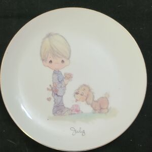 Precious Moments July Plate with Boy and Dog - White and Cream